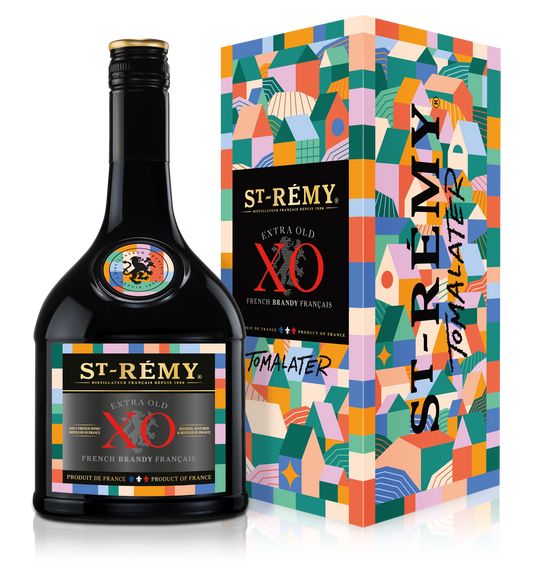 St-Rémy XO brandy bottle and Tomalater